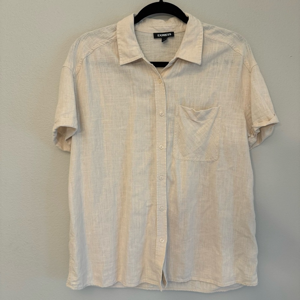 EXPRESS Linen Blend Short Sleeve Button Down Cream Blouse Size Small